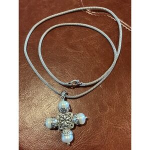 BBJ 925 Sterling Silver Cross Pearl Pendant Necklace 18" Chain Religious Jewelry